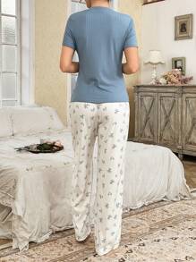 CottageSlumber 2pcs Solid Color Ribbed Half-Button Short Sleeve Top And Ditsy Floral Pants Women Pajama Set Holiday Season, Vacation
