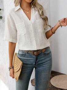 SHEIN LUNE 女士精致优雅法式亚麻混纺条纹 V 领蝙蝠袖翻边衬衫，适合工作、休闲和度假穿着，春夏季 - 杏色 - 查看 6