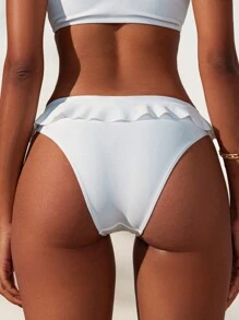 Women Solid Color Bikini Bottoms With Ruffle Trim, Casual Swimwear Bottom, For Summer Beach Vacation - White - View 2