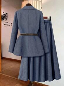 Calvaya French Elegant Elegant Casual Turndown Collar Long Sleeve Herringbone Blazer With Elastic Waist Asymmetrical Skirt Women Suit Set, Autumn/Winter