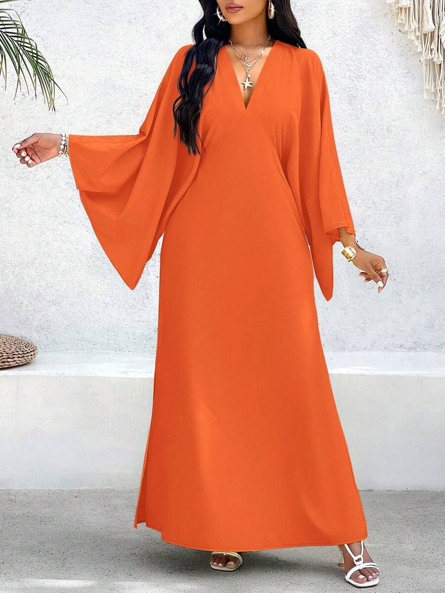 Women V-Neck Solid Color Long Sleeve Casual Long Dress - Orange - View 1
