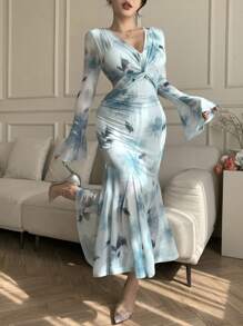DAZY Full Floral Print V-Neck Bubble Puff Sleeve Fishtail Midi Dress For Women,Ruffle,Fall Dress Long Sleeve Dress - Blue - View 3