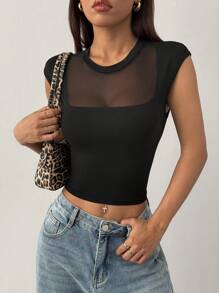 SHEIN Unity Women's Fashion Mesh Patchwork Solid Color Cap Sleeve Short Sleeve Round Neck T-Shirt - Black - View 6