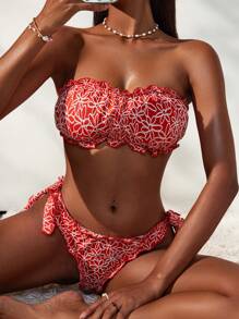 Swim Mod 女士花卉提花比基尼上衣和下装休闲比基尼套装，适合夏季海滩度假 - 紅白色 - 查看 3