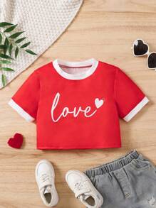 SHEIN Cute Red Heart Print Crop Top For Tween Girls Summer Casual Short Sleeve,Holiday,Summer,Travel - Multicolor - View 3