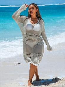 Swim Vcay 大码女式纯色镂空绑带长袖针织沙滩装比基尼罩衫，夏季 - 薄荷綠 - 查看 5