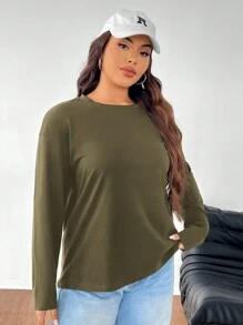 Solflare Plus Size Solid Color Crew Neck Long Sleeve Casual Top - Army Green - View 6