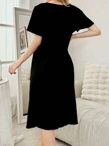 SHEIN Contrast Color Oversized Bow Decor V-Neck Women Long Nightgown - Multicolor - View 2