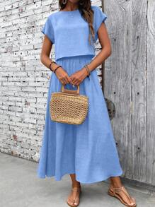 EMERY ROSE Bộ 2 áo thun tay ngắn và chân váy màu trơn đơn giản cho nữ - Màu xanh nhạt - Xem 5