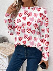SHEIN LUNE Valentijnsdag Casual Hartpatroon Vierkante Hals Lange Mouw T-shirt Voor Vrouwen, Geschikt Voor Lente En Herfst