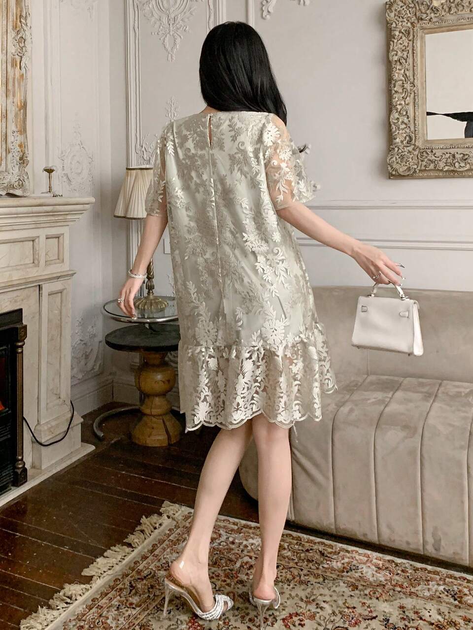 Lace Crew Neck Puff Sleeve Ruffle Hem Women Short Dress Prom Dress Sundress Elegant Women Dresses Easter Floral Dresses For Women
