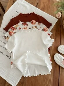 LMoss Kids LMoss 3pcs/Set Young Girl Knitted Solid Color & Ditsy Floral Pattern Fitted Casual T-Shirt - Multicolor - View 7