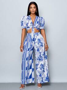 SOLERSUN Conjunto de 2 piezas de verano y primavera para mujer con blusa de manga abullonada, escote en V profundo con nudo al frente y pantalón recto plisado de cintura elástica, con estampado floral sobre fondo blanco, para paseos y vacaciones