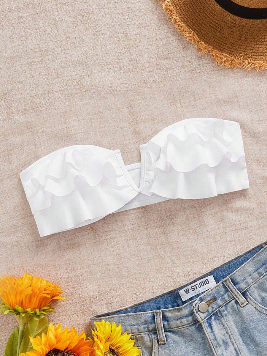 SHEIN Swim Summer Vacation Ruffled V-Neck Bustier Swimwear Top - White - View 1