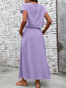 EMERY ROSE 2pcs/Set Women Solid Color Short Sleeve Casual Top And Skirt Set