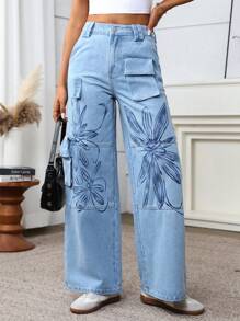TrendSteals 女士花卉印花工装口袋宽腿宽松休闲牛仔裤 - 藍色 - 查看 4