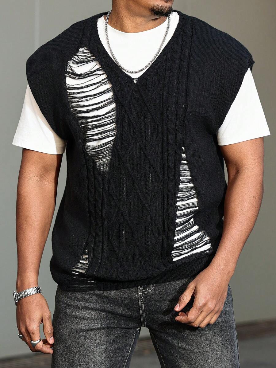 Manfinity LEGND Chaleco de punto casual minimalista con cuello en V y diseño desgastado para hombres de talla grande