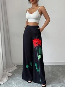 Rafferiza 浪漫花卉与玫瑰印花优雅休闲通勤阔腿裤 - 黑色 - 查看 8