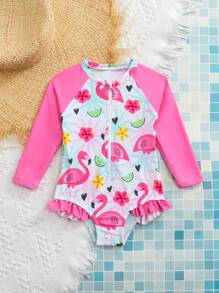 Sparklyn Traje de baño de una pieza con diseño estampado para bebé niña, con borde de volantes, sin ribete, ropa de playa - Multicolor - Ver 6