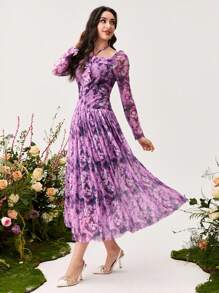 Modelyn Vestido maxi elegante sin mangas con cuello halter y malla con estampado floral para mujer