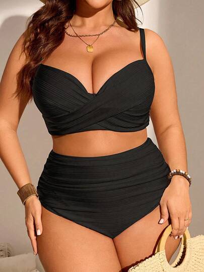 SHEIN Swim Curve 2pcs/Set Plus Size Women Solid Color Crisscross Front Adjustable Strap Swimwear Vacation Outfit, For Summer Beach