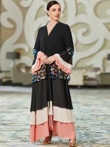 Al Najma 长款 V 领拼色长袖休闲长款阿拉伯长袍 - 彩色 - 查看 5