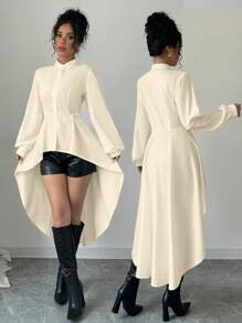 Elenzga 高低立领前开 A 字形荷叶边泡泡袖长衬衫