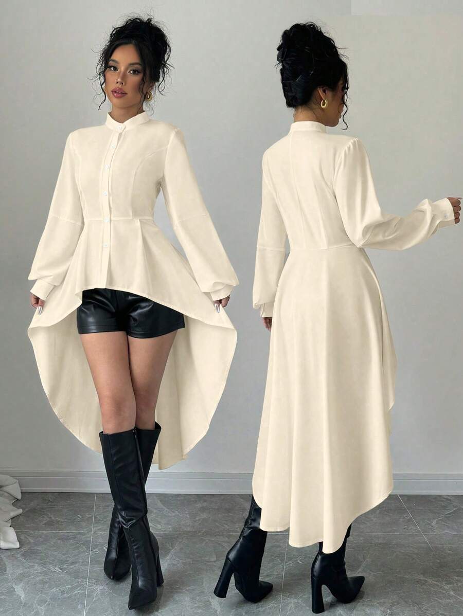 Elenzga 高低立领前开 A 字形荷叶边泡泡袖长衬衫