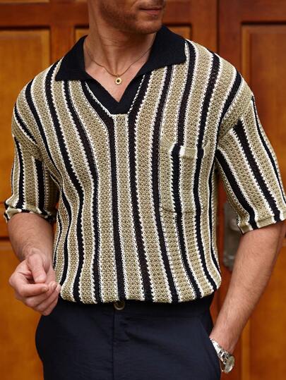 Manfinity CityGents Camiseta polo de manga corta con bolsillo y cuello de punto a rayas para hombre, informal