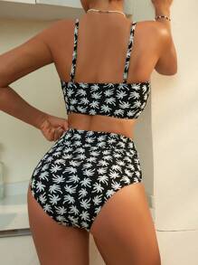 Swim Lushoire Stroje plażowe dla kobiet, swobodny dwukolorowy materiał teksturowany palm tree twist bikini set
