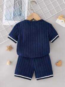 Young Boys Simple Casual Round Neck Half Placket Ribbed Cuff Shorts Knit Ribbed Pajama Set, 2pcs - Blue - View 2