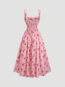 Sweetra Vestido largo con estampado floral vintage con cuello cuadrado y cintura ajustada para mujer