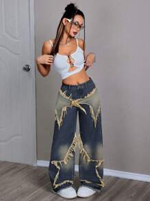 Quần jeans ống đứng lưng thấp, dáng rộng, màu tương phản, họa tiết ngôi sao thời trang dành cho nữ - Rửa tối - Xem 3