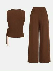 GlowEve 2pcs/Set Women's Solid Color Crew Neck Sleeveless Top And Long Pants Set - Brown - View 2