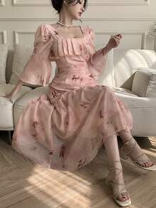 DAZY Floral Print Ruffle Hem Midi Dress For Women Prom Dress Easter - Pink - View 4