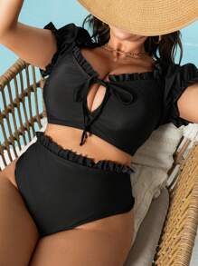 SHEIN Swim Curve Summer Plus Size Women's 2 Pieces Bikini Set, V-Neck Tie Front, Ruffled Puff Sleeve, Sweet Solid Black, Casual Fashion Beach Outfit