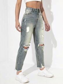 SHEIN EZwear Women's Summer High Waisted Ripped Mom Fit Jeans - Multicolor - View 3