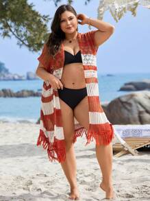 Swim Lushoire 大码女式夏季优雅针织多色流苏下摆侧开衩沙滩泳衣和服 - 彩色 - 查看 3