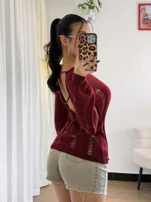 Chiquease 新款镂空露背修身针织沙滩罩衫套头毛衣，女士秋冬针织套头衫 - 酒紅色 - 查看 7