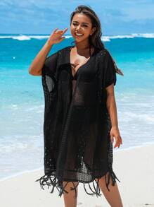 Swim Vcay Summer Plus Size Women New Holey Tassel Cardigan Knit Cover-Up For Beach Vacation