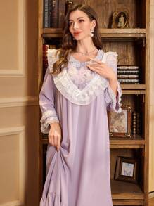 蕾丝印花边拼接半开领 3/4 袖宽松复古女式睡袍