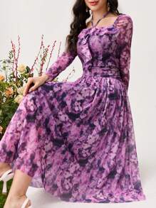 Modelyn Vestido maxi elegante sin mangas con cuello halter y malla con estampado floral para mujer