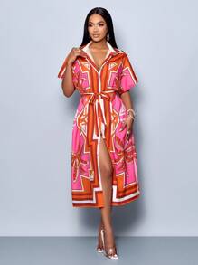 SOLERSUN Women's Patchwork Printed Dolman Sleeve Midi Dress With Waist Tie, Casual Resort Style