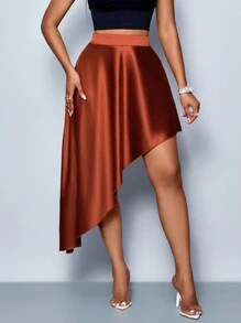 SOLERSUN Women's Solid Color Elegant Valentines Party A-Line High Waist Asymmetrical Hem Satin Long Skirt - Brown - View 5
