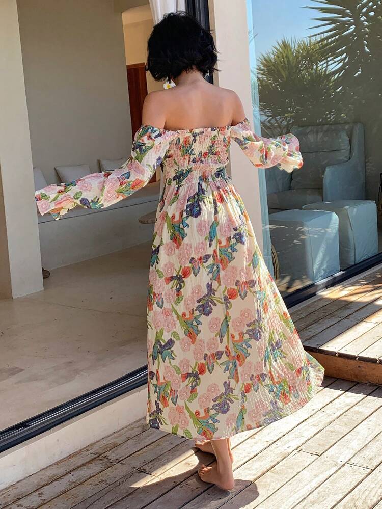 Allover Flower Print Off Shoulder Midi Dress For Women,Fall Dress Long Sleeve Dress Floral Boho