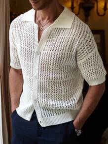 Manfinity Homme Men Casual Two-Tone Striped Pattern Button Open Knit Sweater Knitted Button Downs For Men's Old Money, Rave - White - View 3