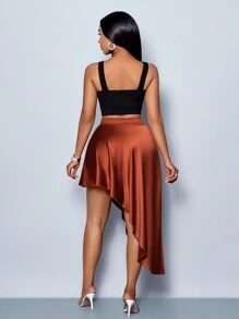 SOLERSUN Women's Solid Color Elegant Valentines Party A-Line High Waist Asymmetrical Hem Satin Long Skirt - Brown - View 2