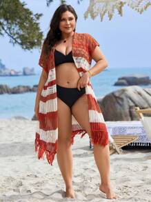 Swim Lushoire 大码女式夏季优雅针织多色流苏下摆侧开衩沙滩泳衣和服 - 彩色 - 查看 5