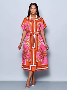 SOLERSUN Women's Patchwork Printed Dolman Sleeve Midi Dress With Waist Tie, Casual Resort Style