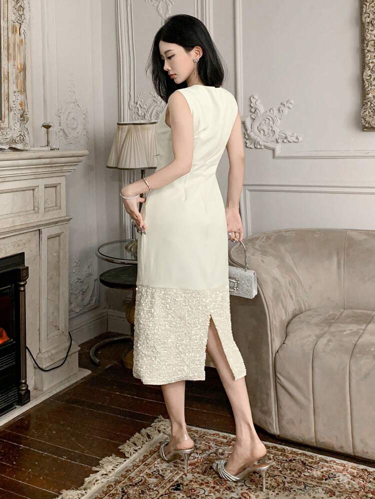 Ladies' Elegant Wedding Guest Dress, Round Neck Bow Detail Sleeveless Patchwork Mini Dress Prom Dress Sundress,Dress For Wedding Maxi Dress